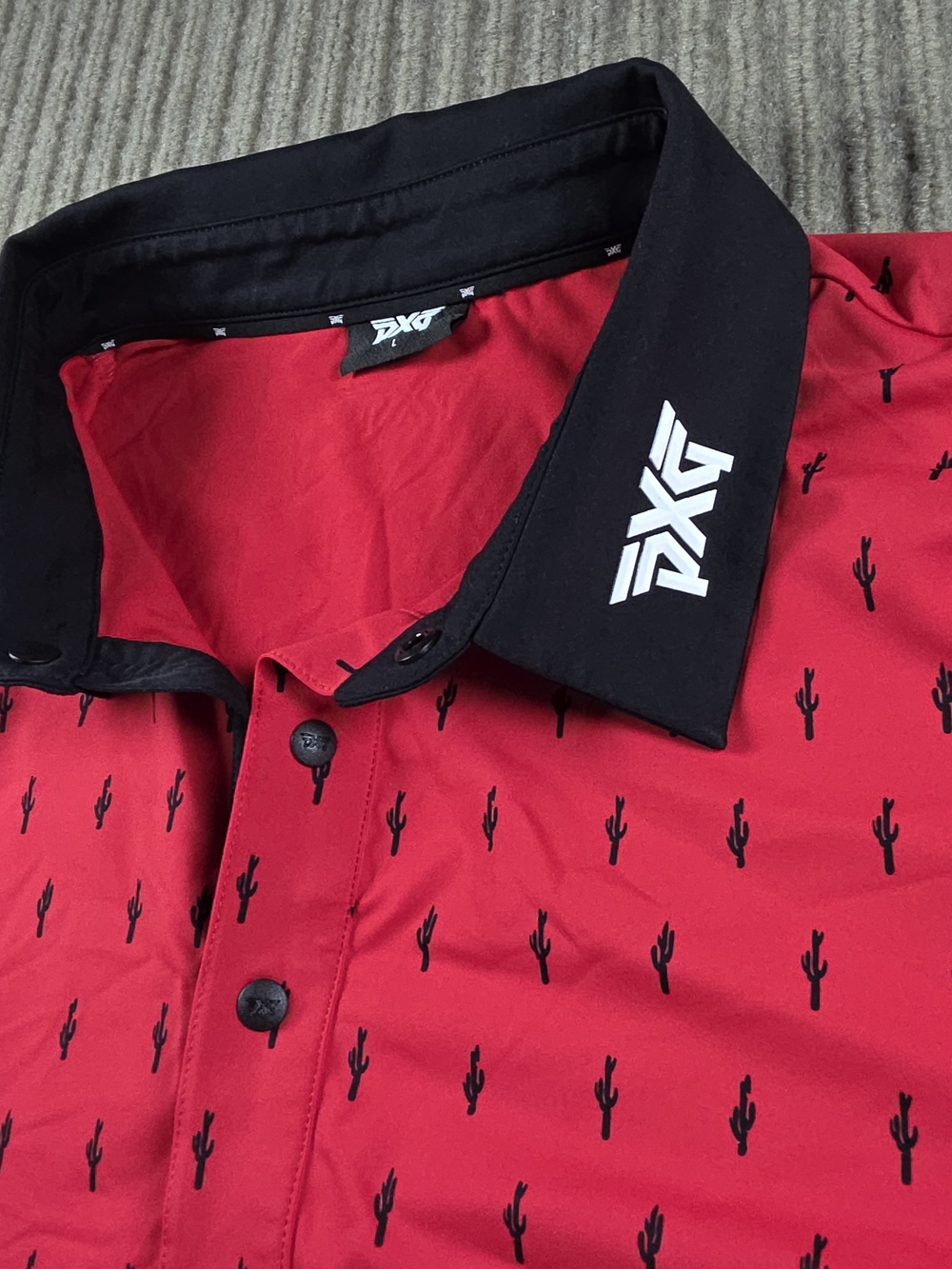 PXG Parsons Xtreme Mens Golf Polo Shirt Red Cactus Print Short Sleeve Sz Lrg.